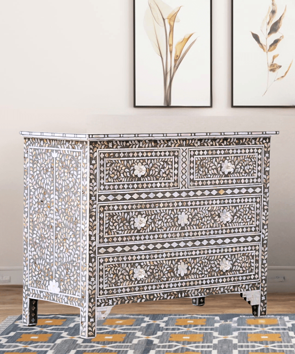 Niktan Export Mother of Pearl 4 Chest of Drawers Grey Floral - NikTan Export