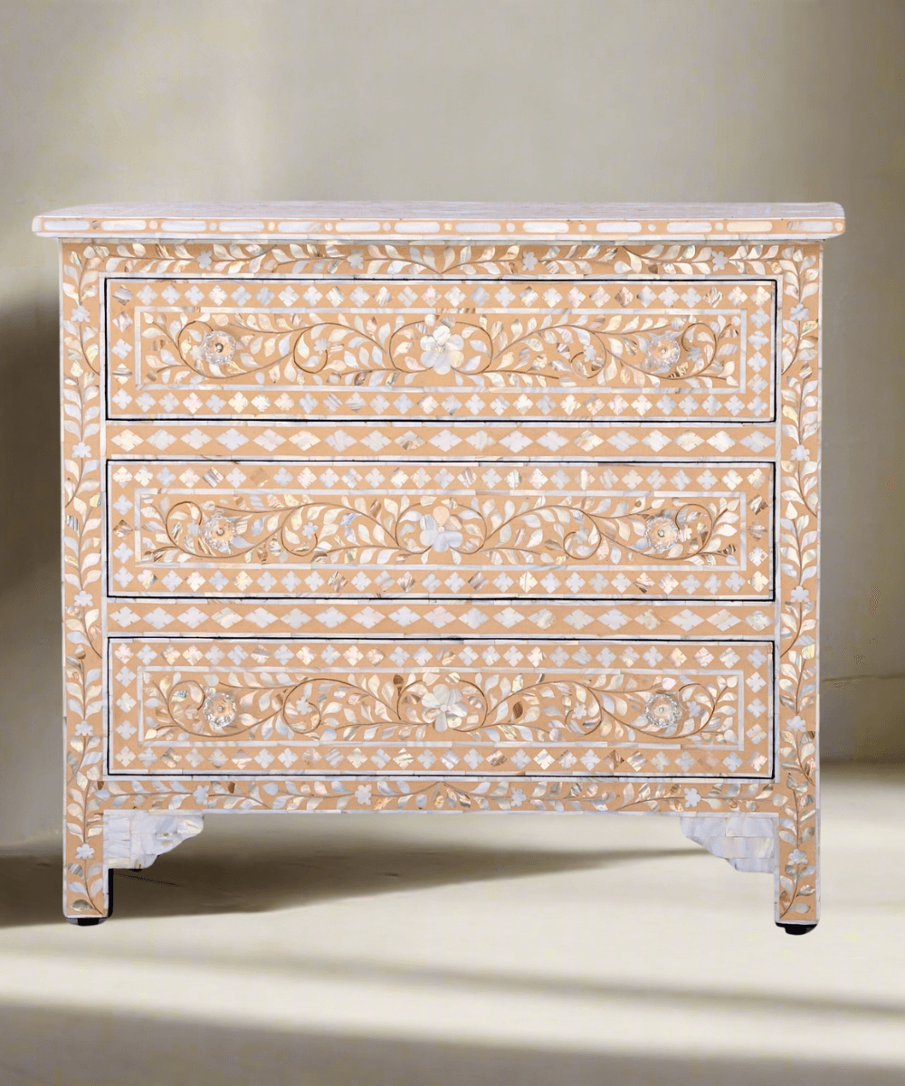 Niktan Export Apricot Beige Floral Mother of Pearl Inlay 3 Drawer Chest of Drawers - NikTan Export