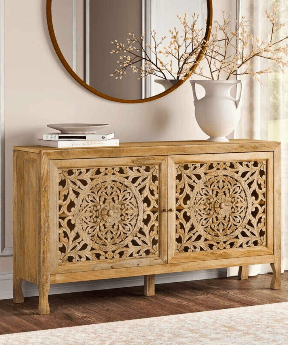 Niktan Export Solid Wood Carved Two Door Two Shelf Sideboard Cabinet - NikTan Export