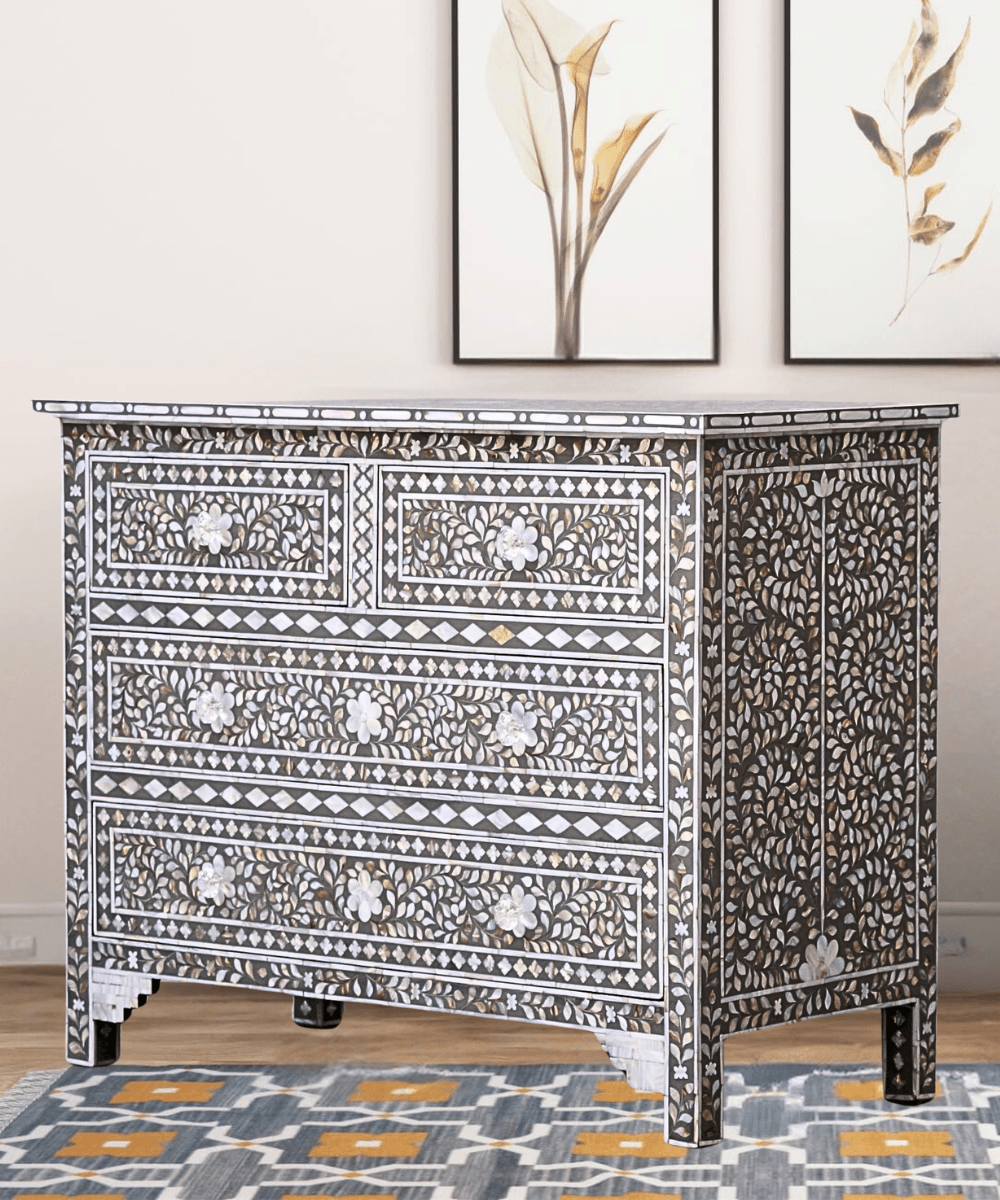 Niktan Export Mother of Pearl 4 Chest of Drawers Grey Floral - NikTan Export