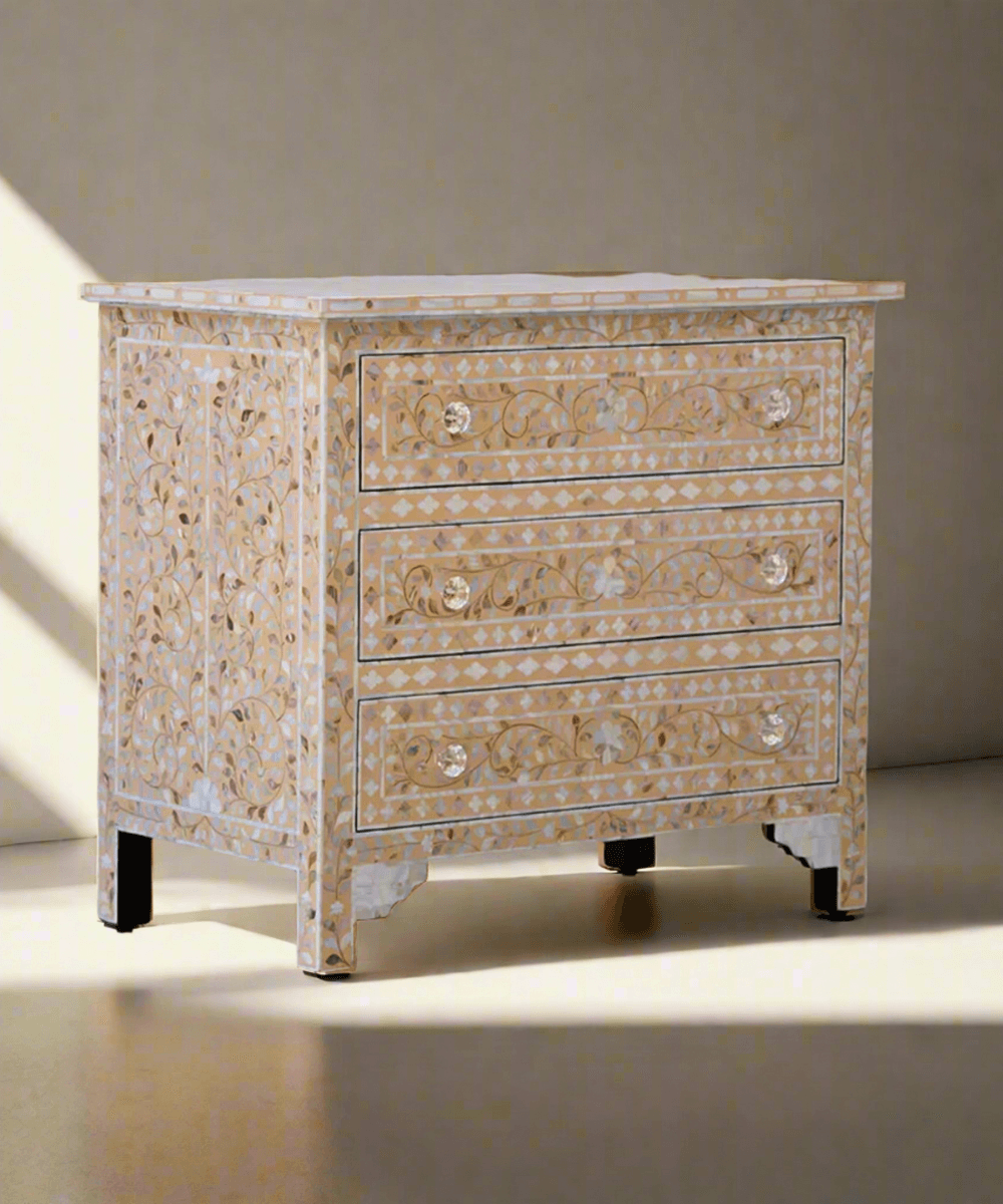 Niktan Export Apricot Beige Floral Mother of Pearl Inlay 3 Drawer Chest of Drawers - NikTan Export