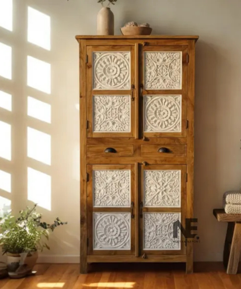 hand carved mango wood 4 door armoire