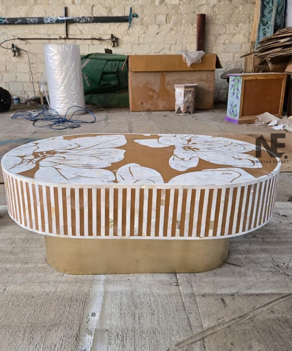 Mother of pearl hibiscus oval coffee table