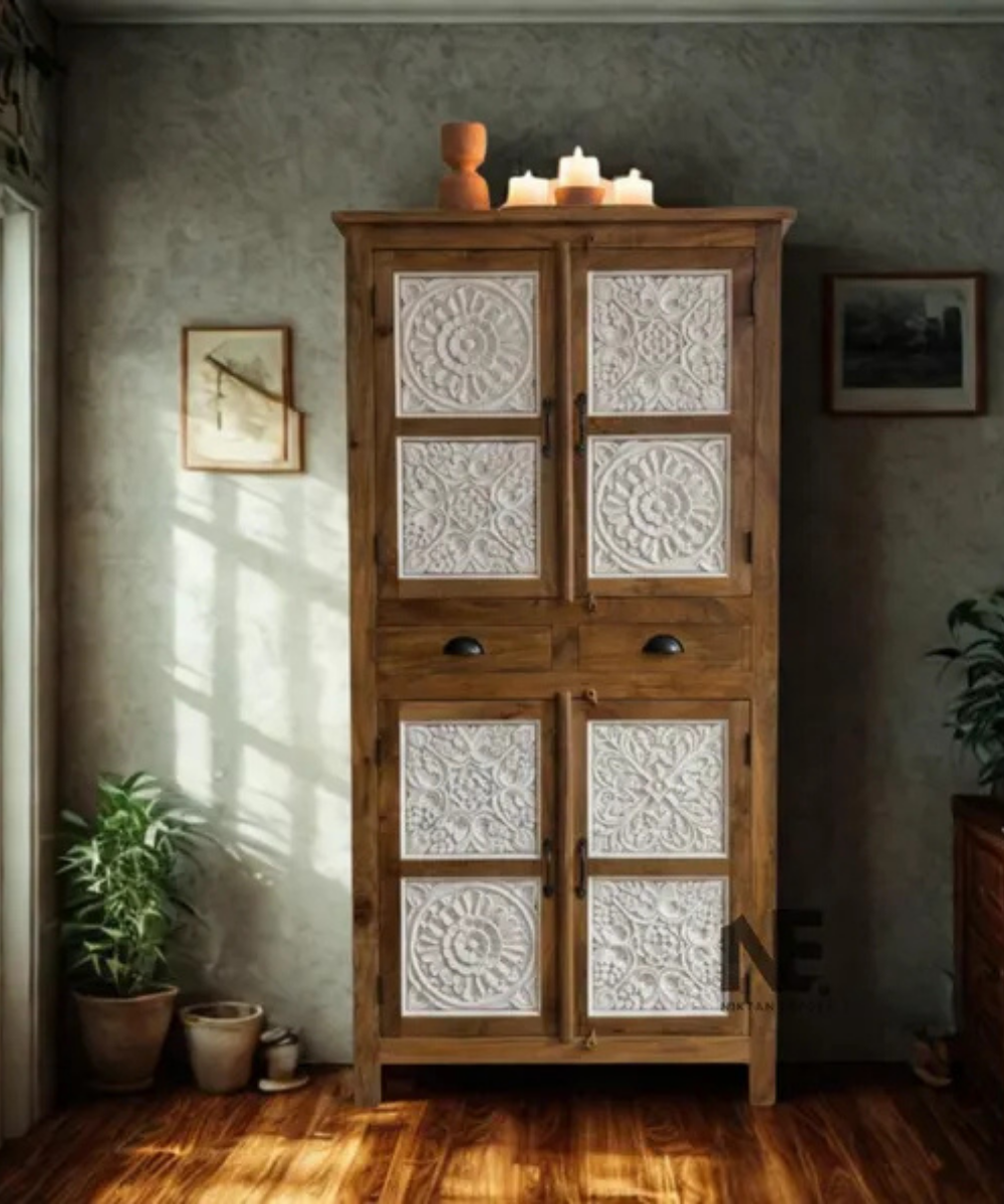 whitewashed carved panel mango wood cabinet