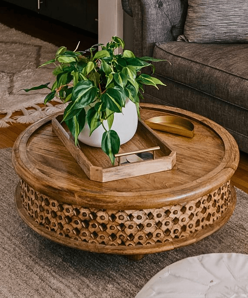 Niktan Export Wooden Curved Table in Raw Mango Lattice Round Coffee Table - NikTan Export