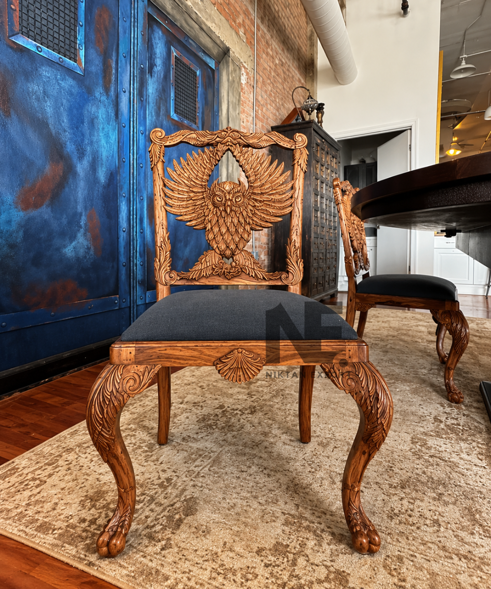 Hand-carved wooden owl dining chair with upholstered seat