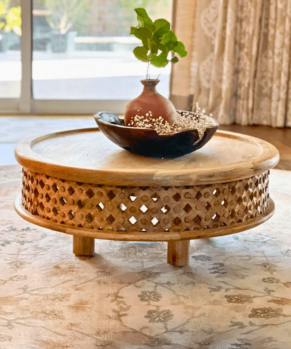 Niktan Export Wooden Curved Table in Raw Mango Lattice Round Coffee Table - NikTan Export