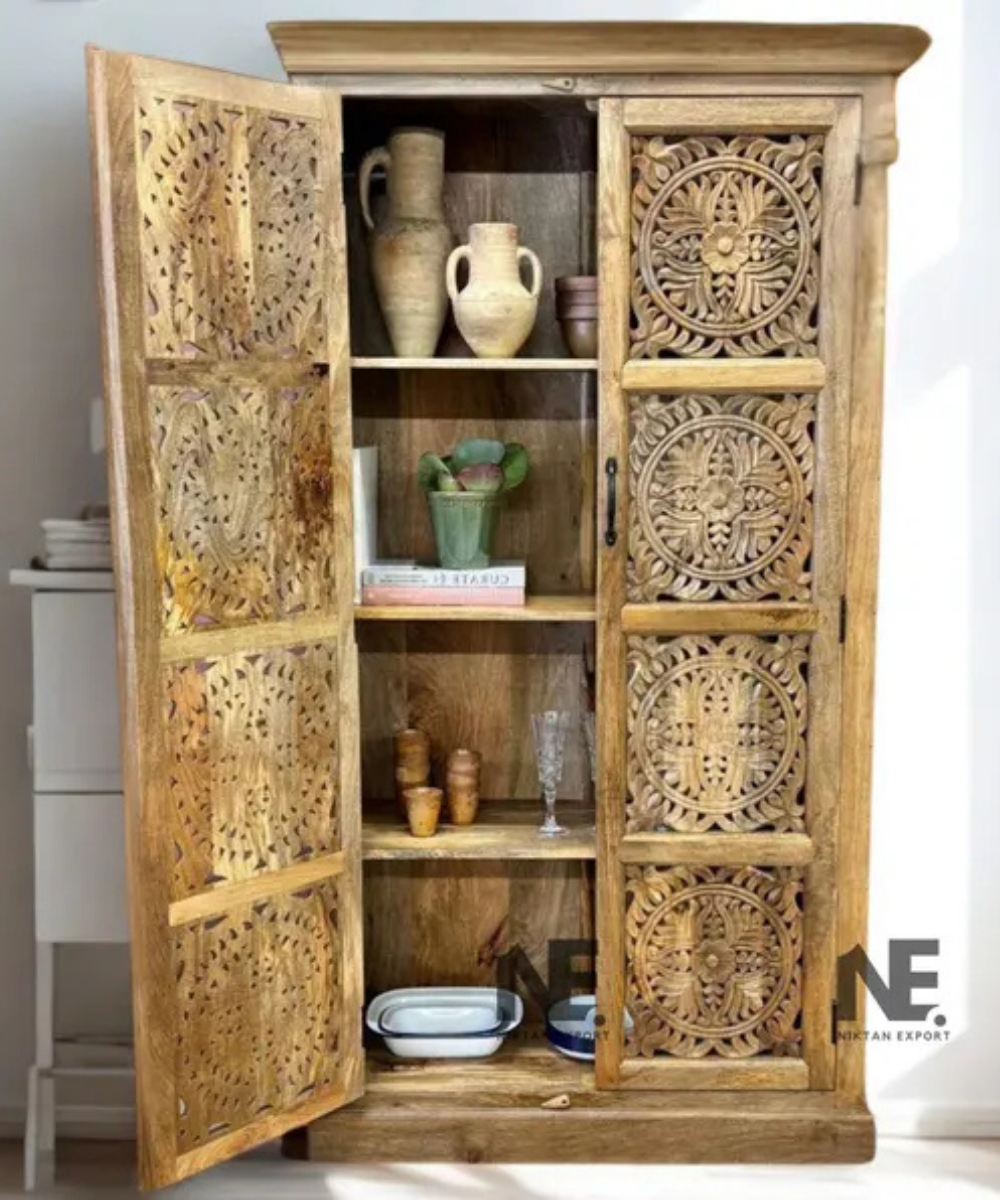 solid mango wood armoire with floral doors
