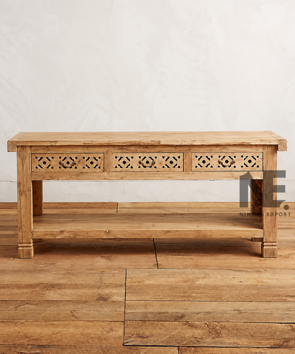 Carved wooden console table with three decorative front panels