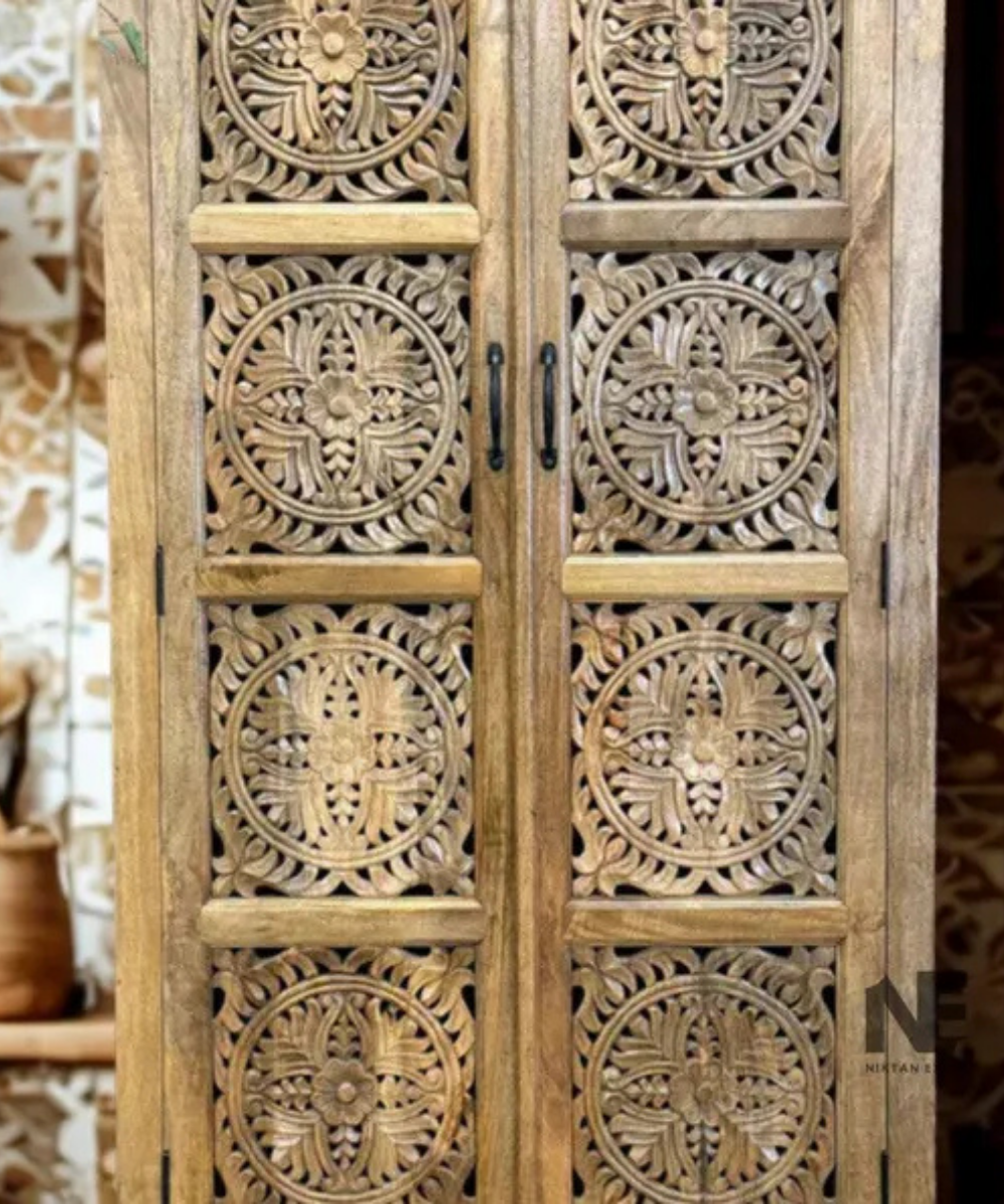 hand carved circular floral wooden wardrobe
