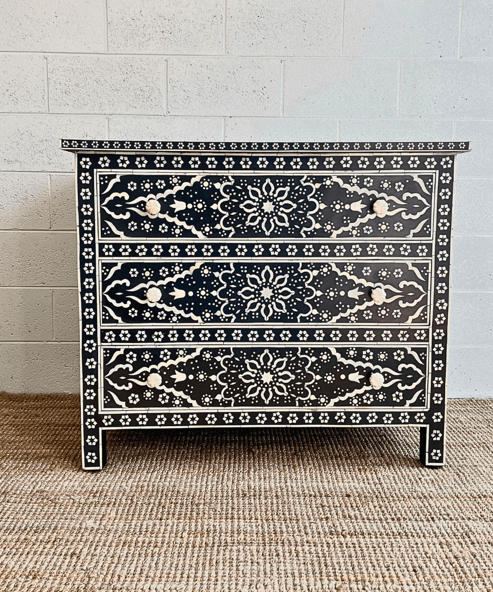 Niktan Export Bone Inlay Chest of Drawers Black Floral Pattern Drawer Chest - NikTan Export