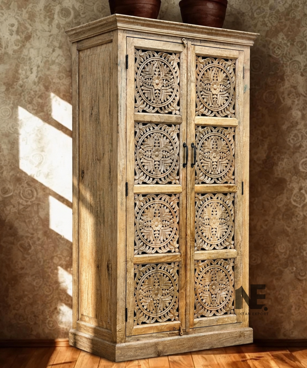 circular floral carved mango wood wardrobe