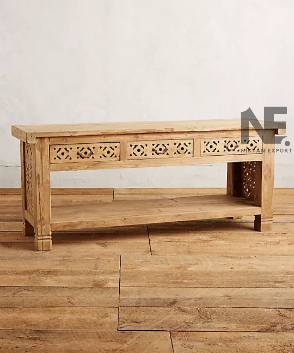 Natural wood console table with floral-cutout detailing