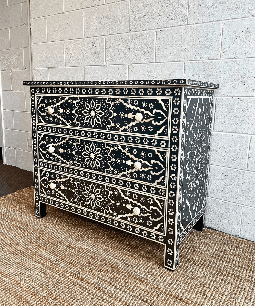 Niktan Export Bone Inlay Chest of Drawers Black Floral Pattern Drawer Chest - NikTan Export