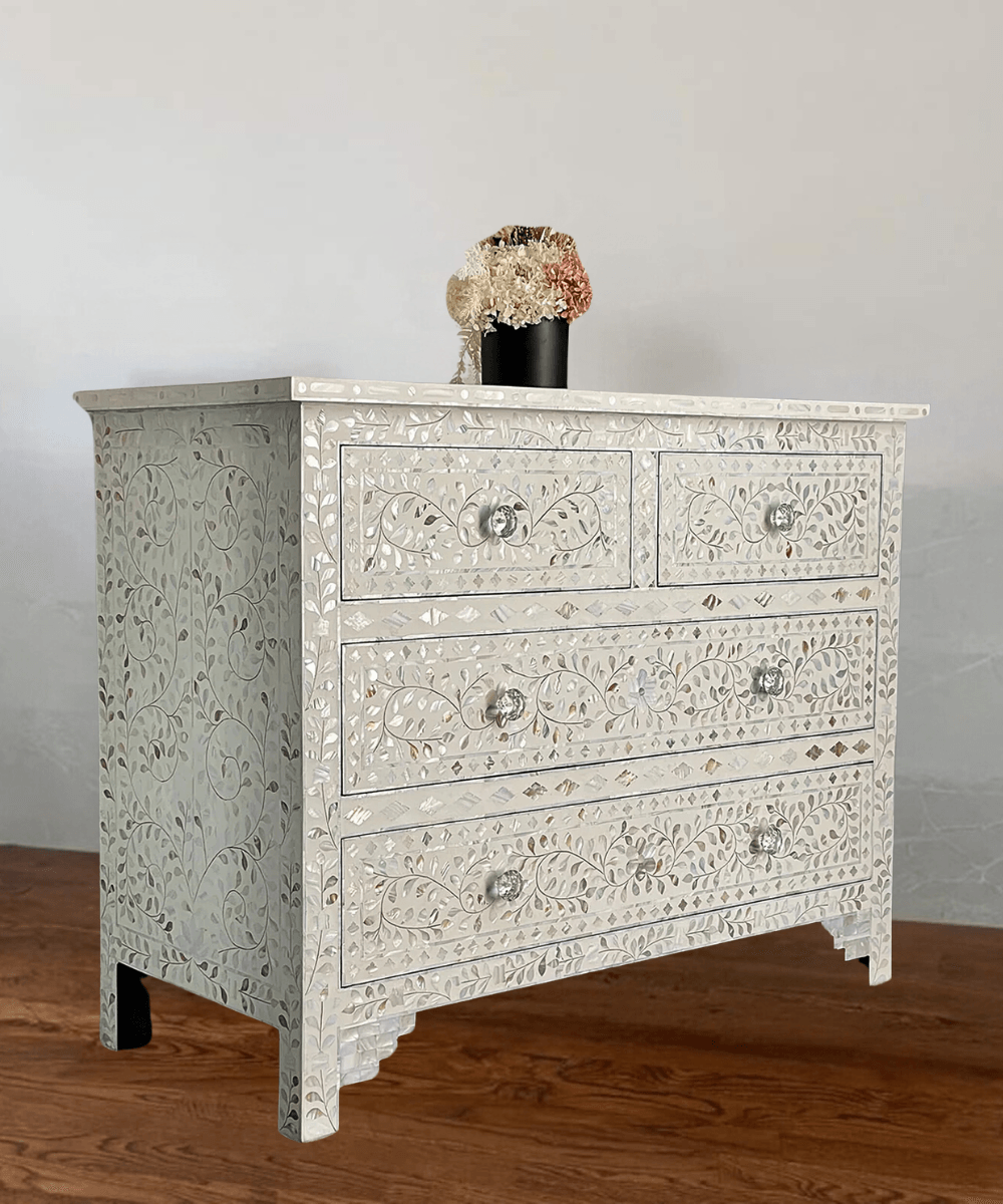 Niktan Export Mother of Pearl Floral Chest 4 Drawers White - NikTan Export