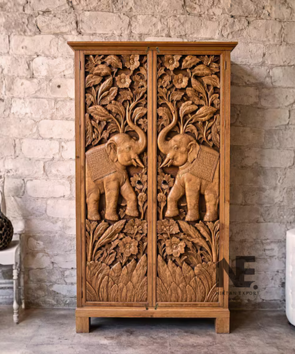 elephant carved mango wood wardrobe