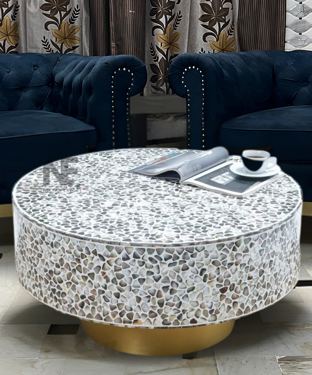 Mother of Pearl Round Coffee Table with gold base – front view