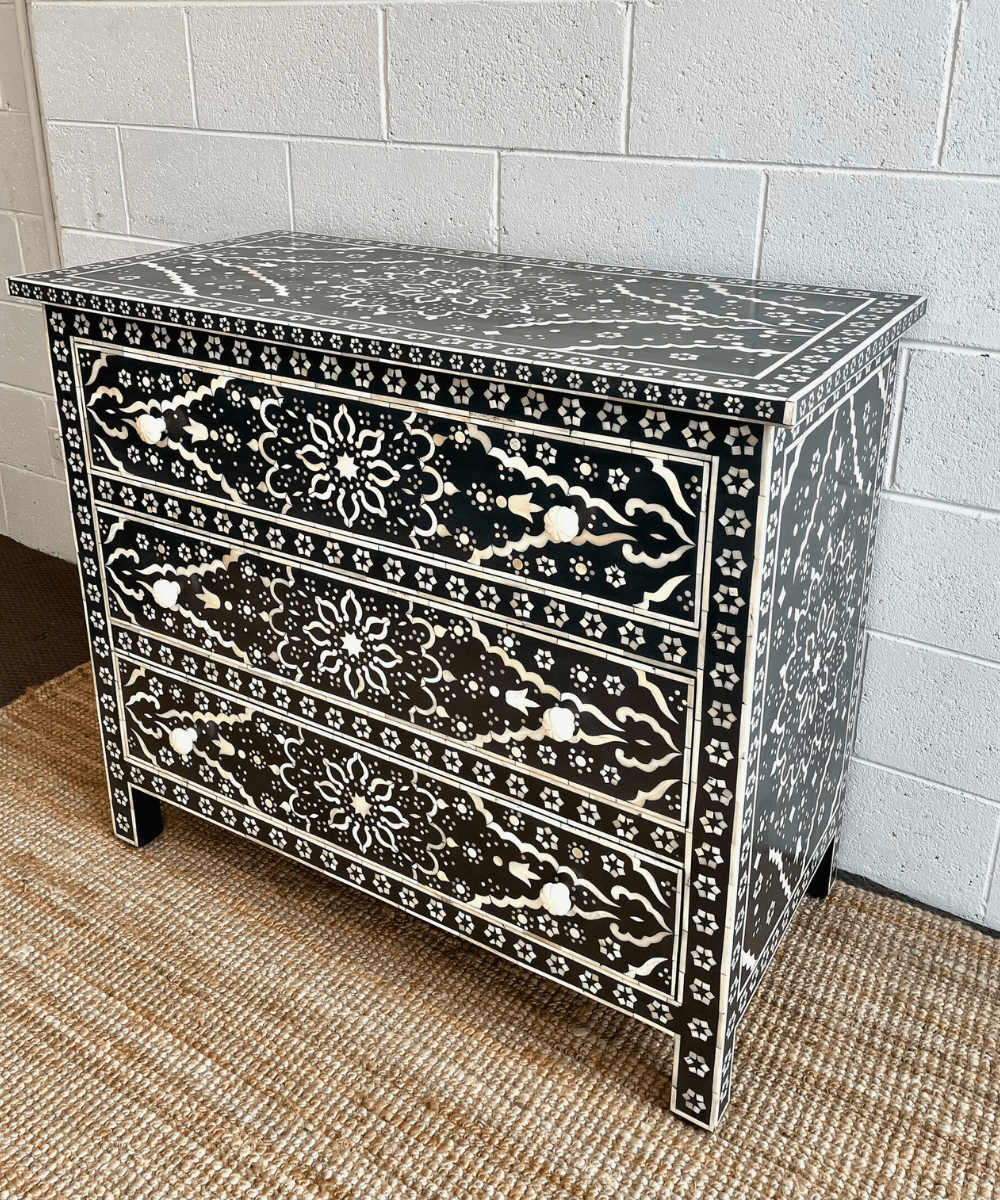 Niktan Export Bone Inlay Chest of Drawers Black Floral Pattern Drawer Chest - NikTan Export