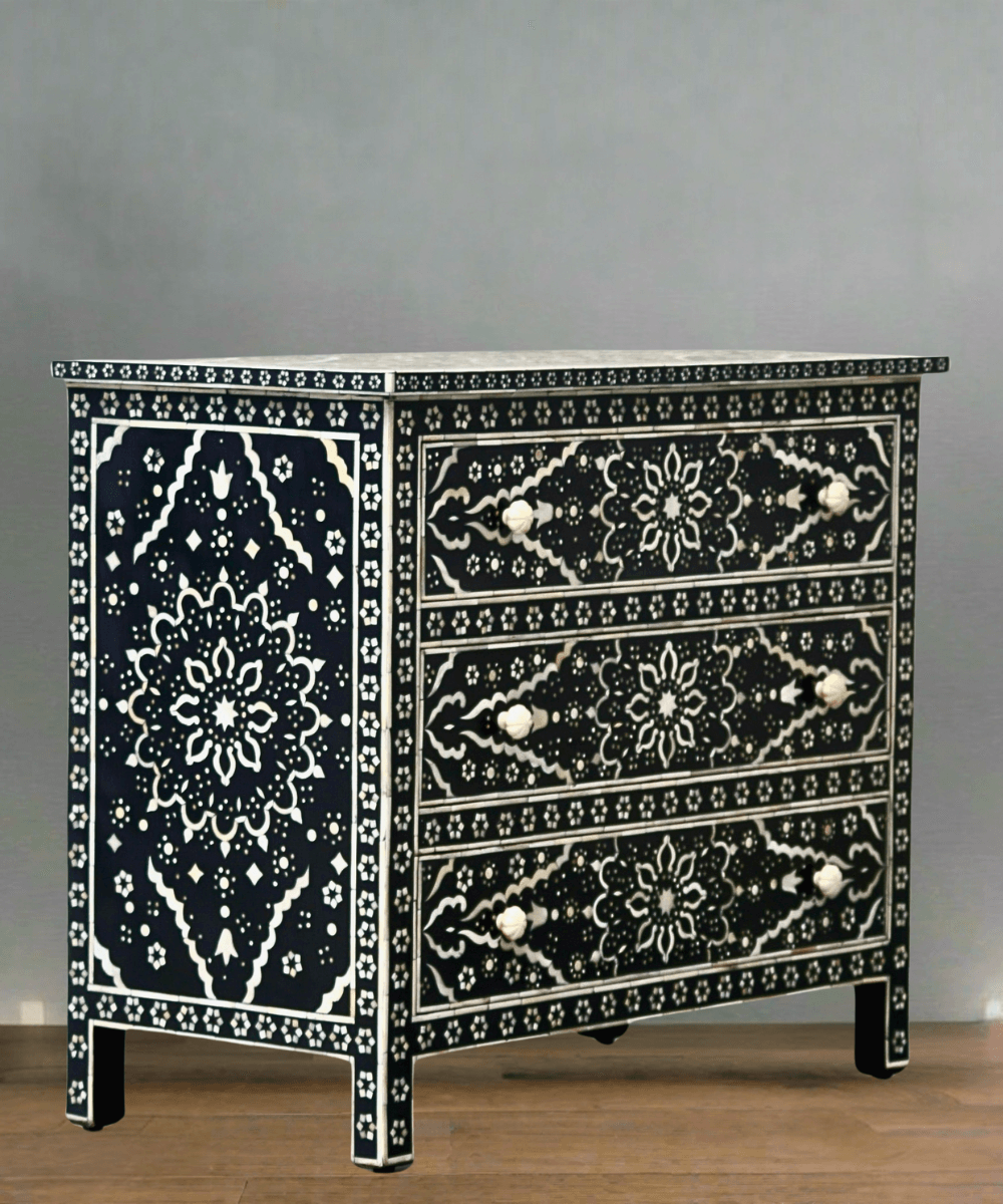 Niktan Export Bone Inlay Chest of Drawers Black Floral Pattern Drawer Chest - NikTan Export