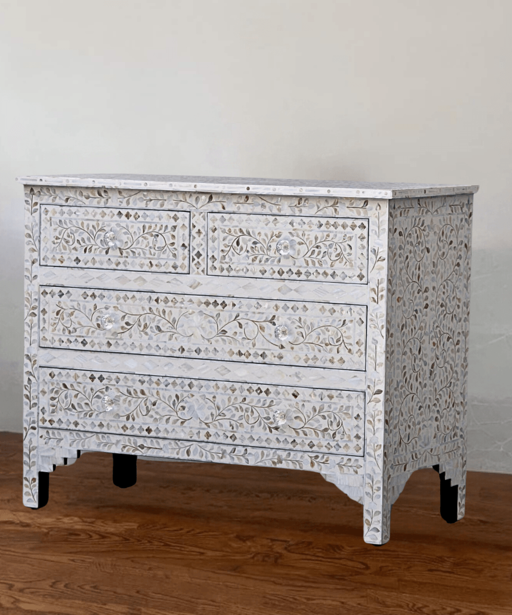 Niktan Export Mother of Pearl Floral Chest 4 Drawers White - NikTan Export