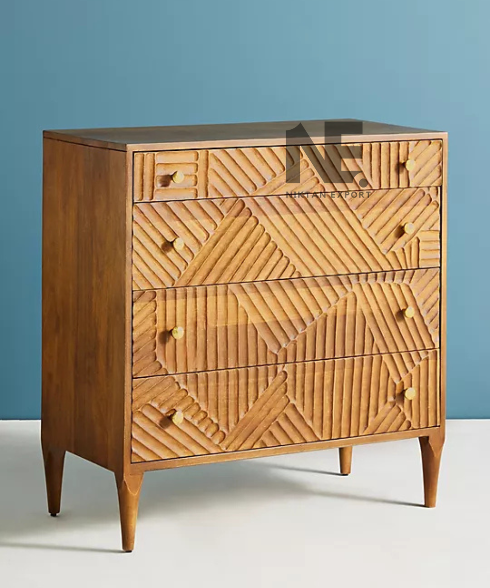 Wooden dresser featuring diagonal carved patterns