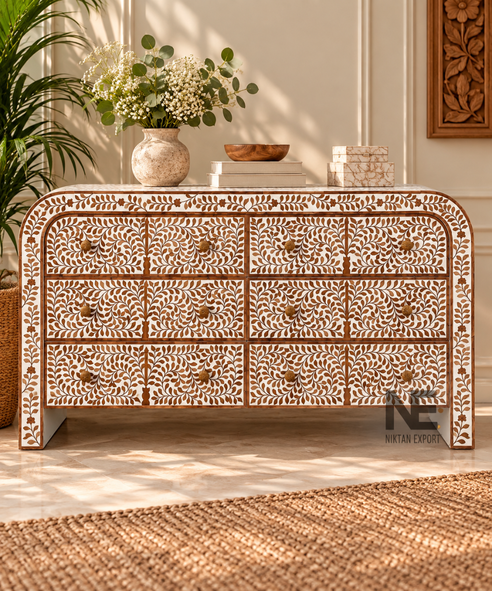 Bone Inlay Dresser – 6-Drawer Floral Vine Wooden Chest