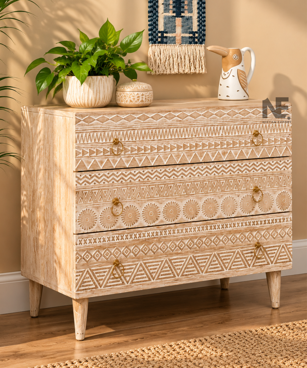 Front view of natural wood dresser with geometric carving