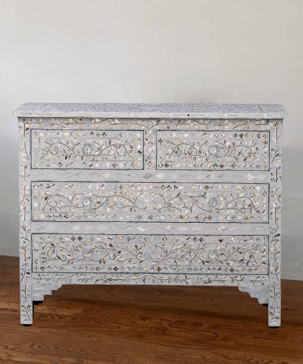 Niktan Export Mother of Pearl Floral Chest 4 Drawers White - NikTan Export