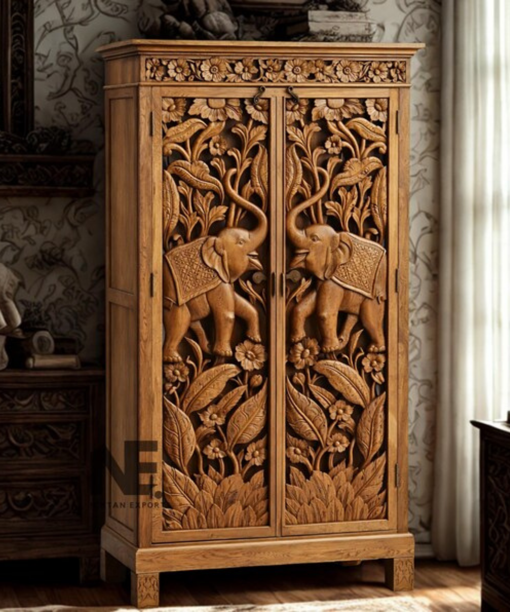 mango wood armoire with elephant and floral carving