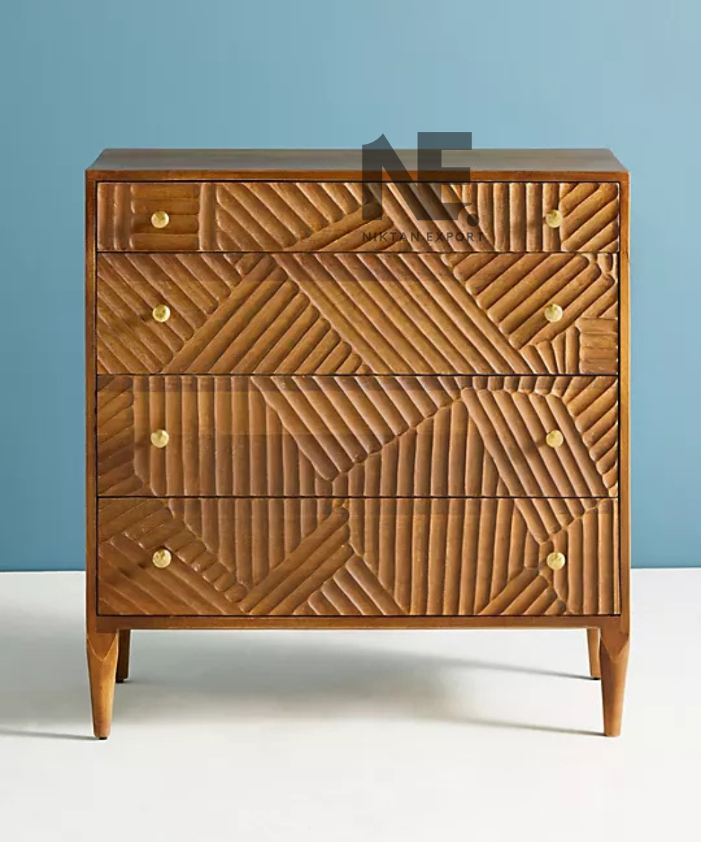 Front view of brown wooden dresser with geometric drawer fronts
