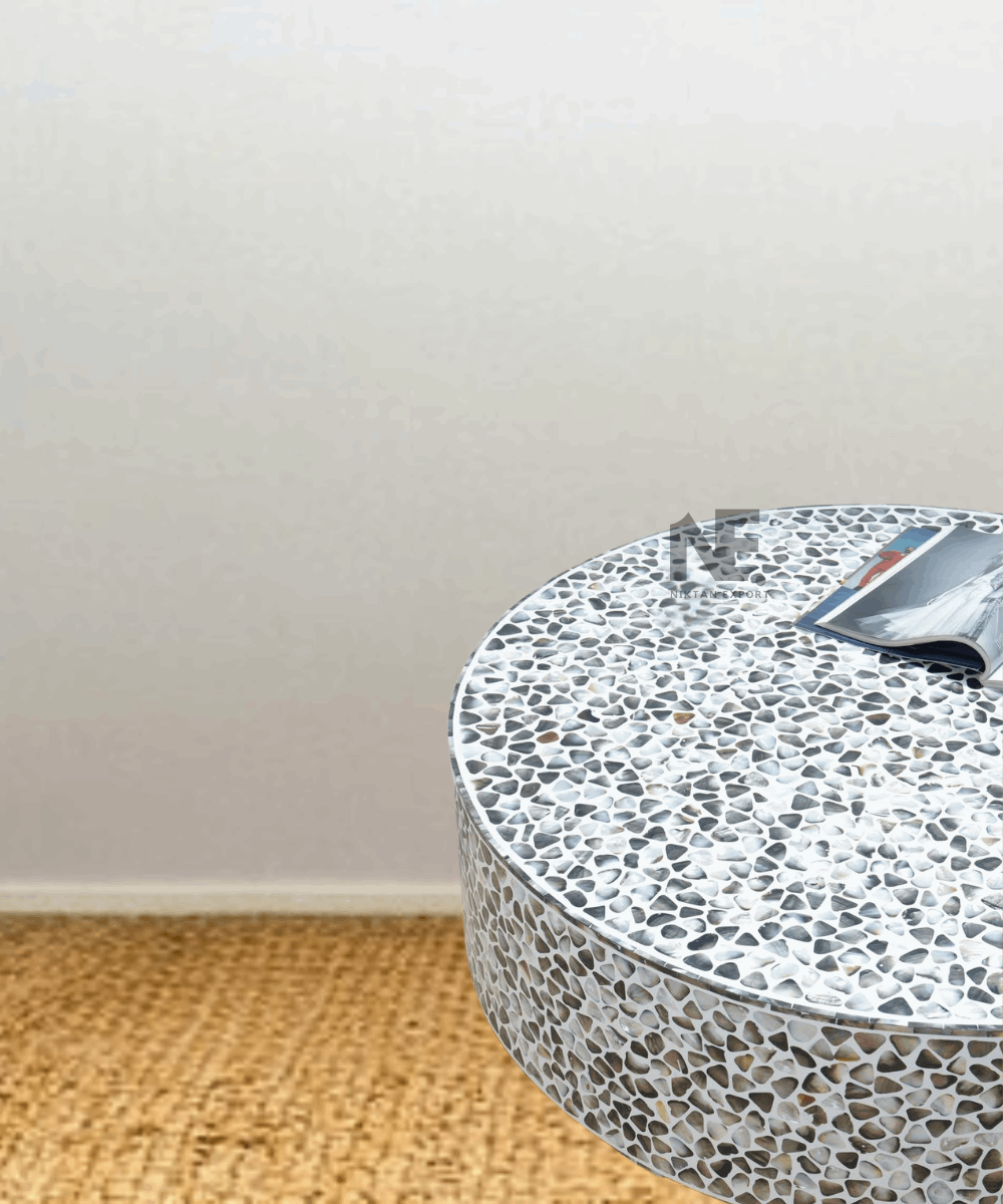 Decorated living room with round pearl coffee table