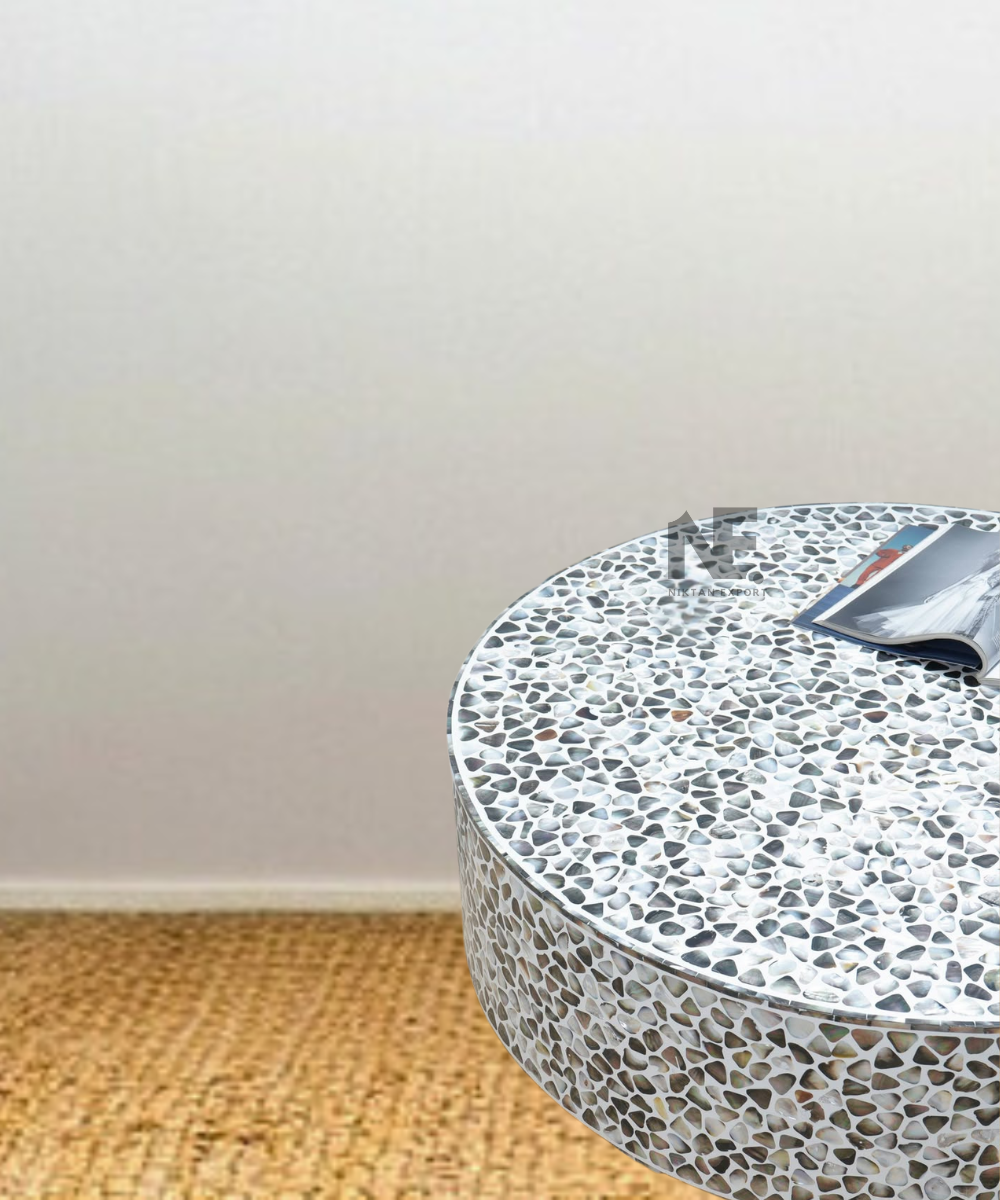 Decorated living room with round pearl coffee table