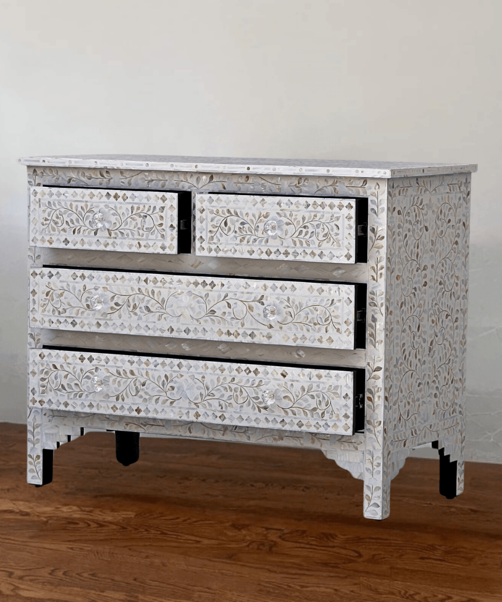 Niktan Export Mother of Pearl Floral Chest 4 Drawers White - NikTan Export