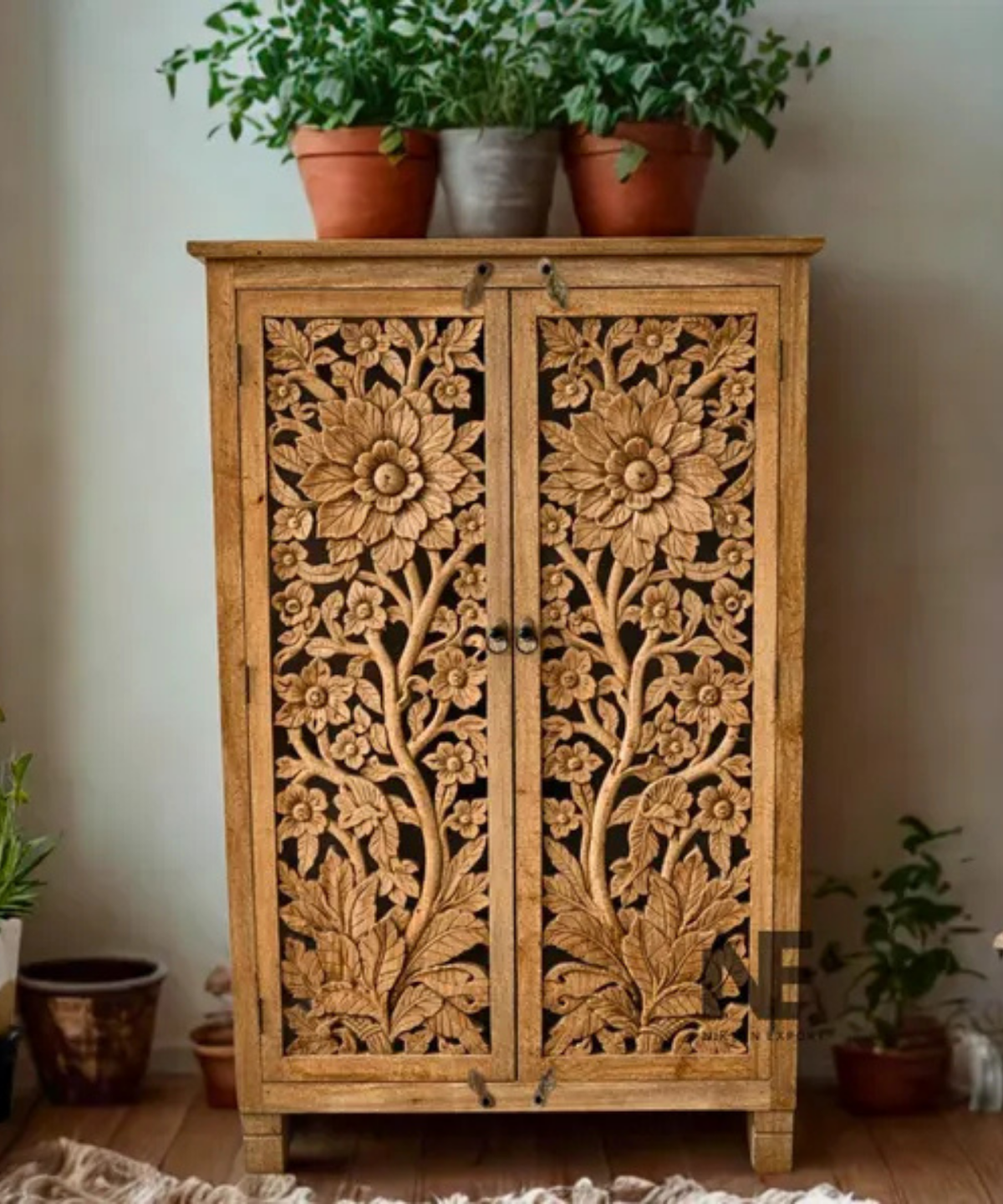 hand carved floral mango wood armoire