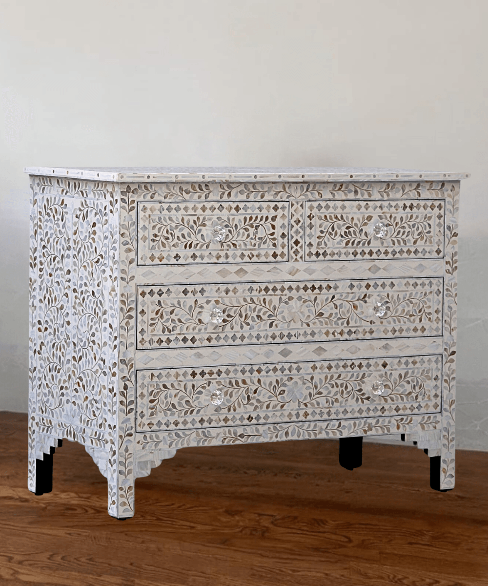 Niktan Export Mother of Pearl Floral Chest 4 Drawers White - NikTan Export