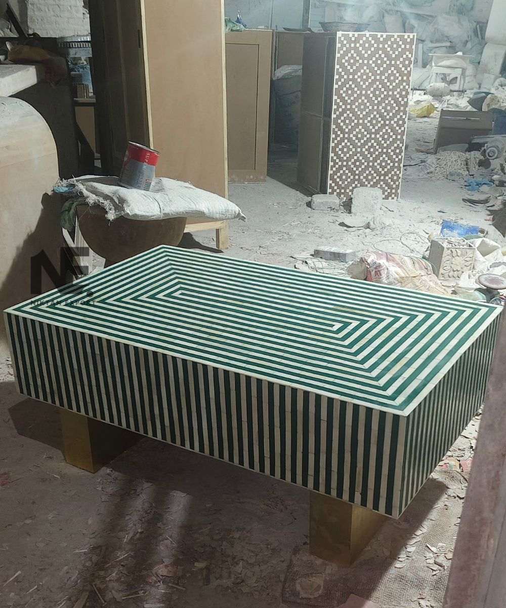 Handcrafted striped bone inlay on green base – close-up
