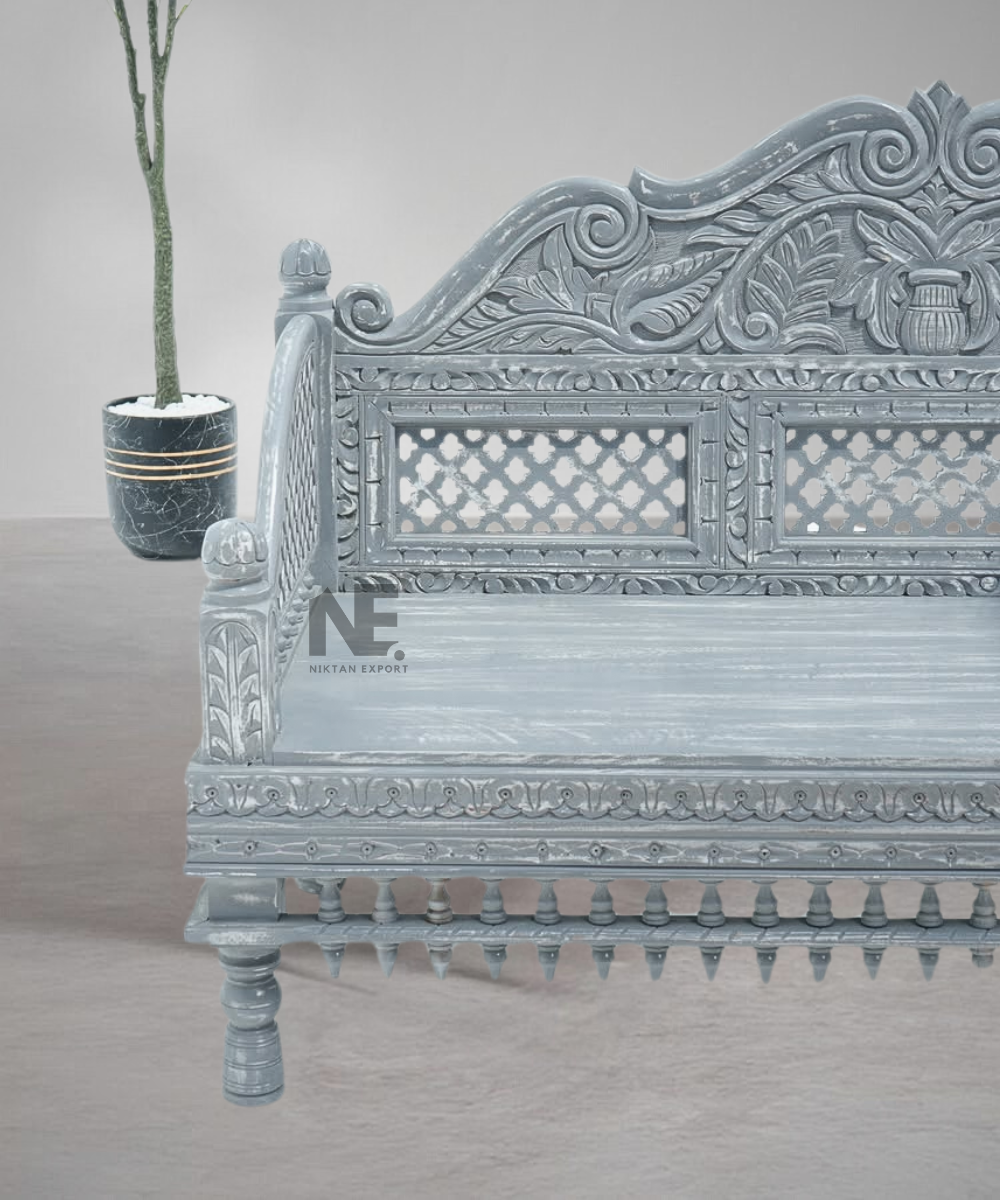 Close-up of intricate wood carving detail