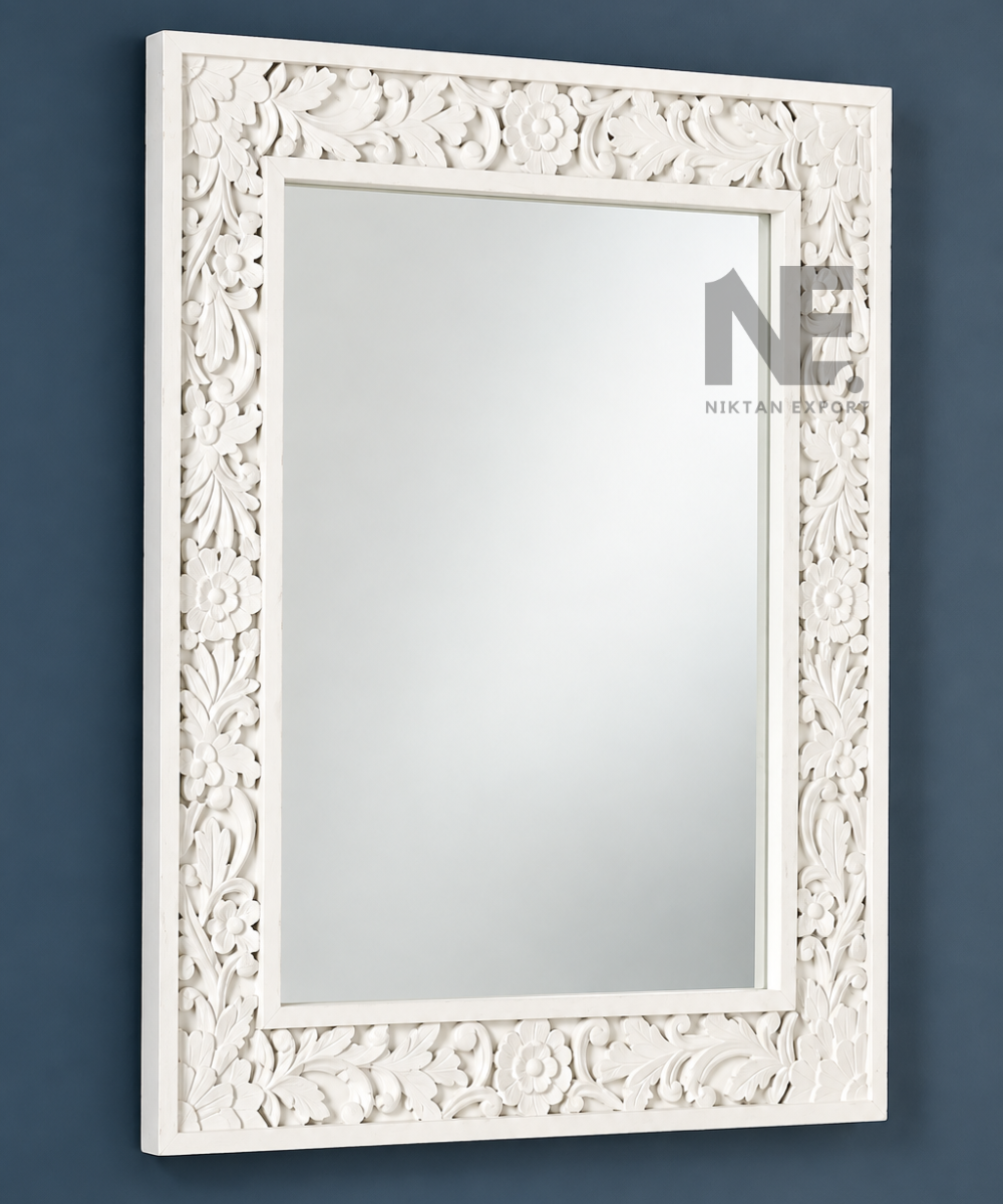 Front view of white decorative wall mirror