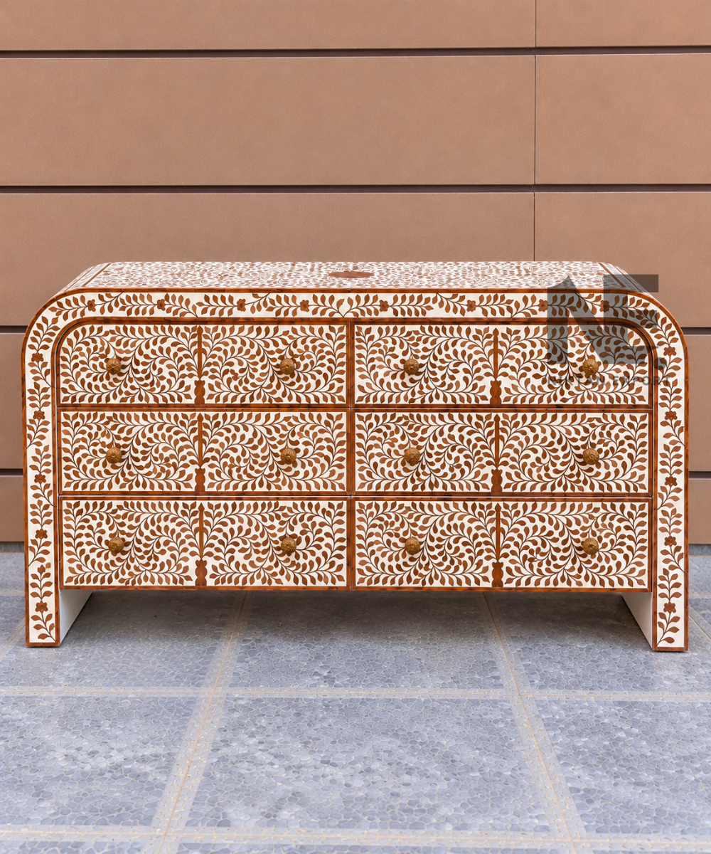 Bone Inlay Dresser – 6-Drawer Floral Vine Wooden Chest