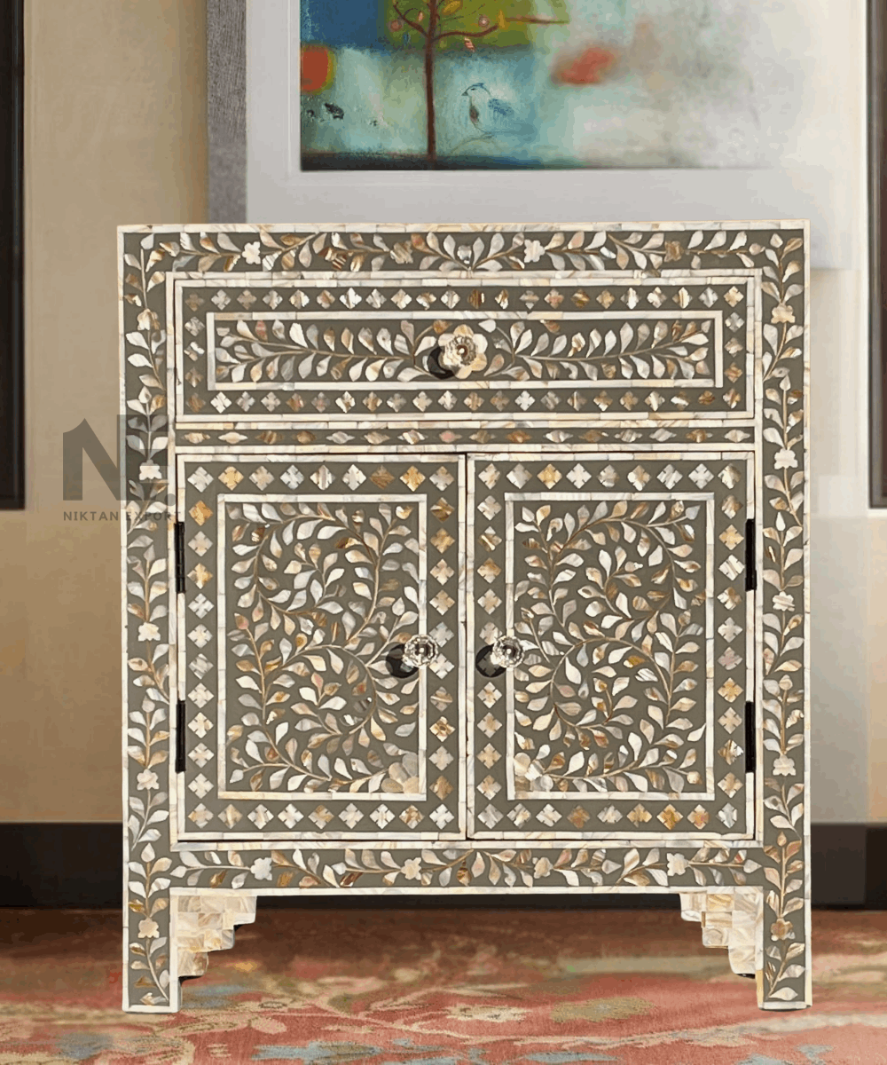 Elegant Side Angle View of MOP Bedside Table