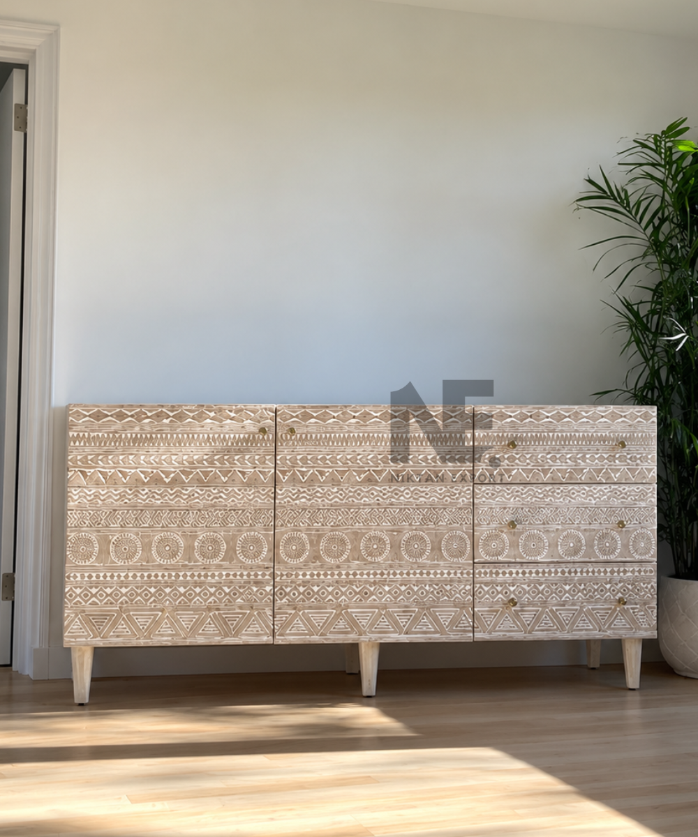 Geometric carved wooden sideboard with light whitewashed finish