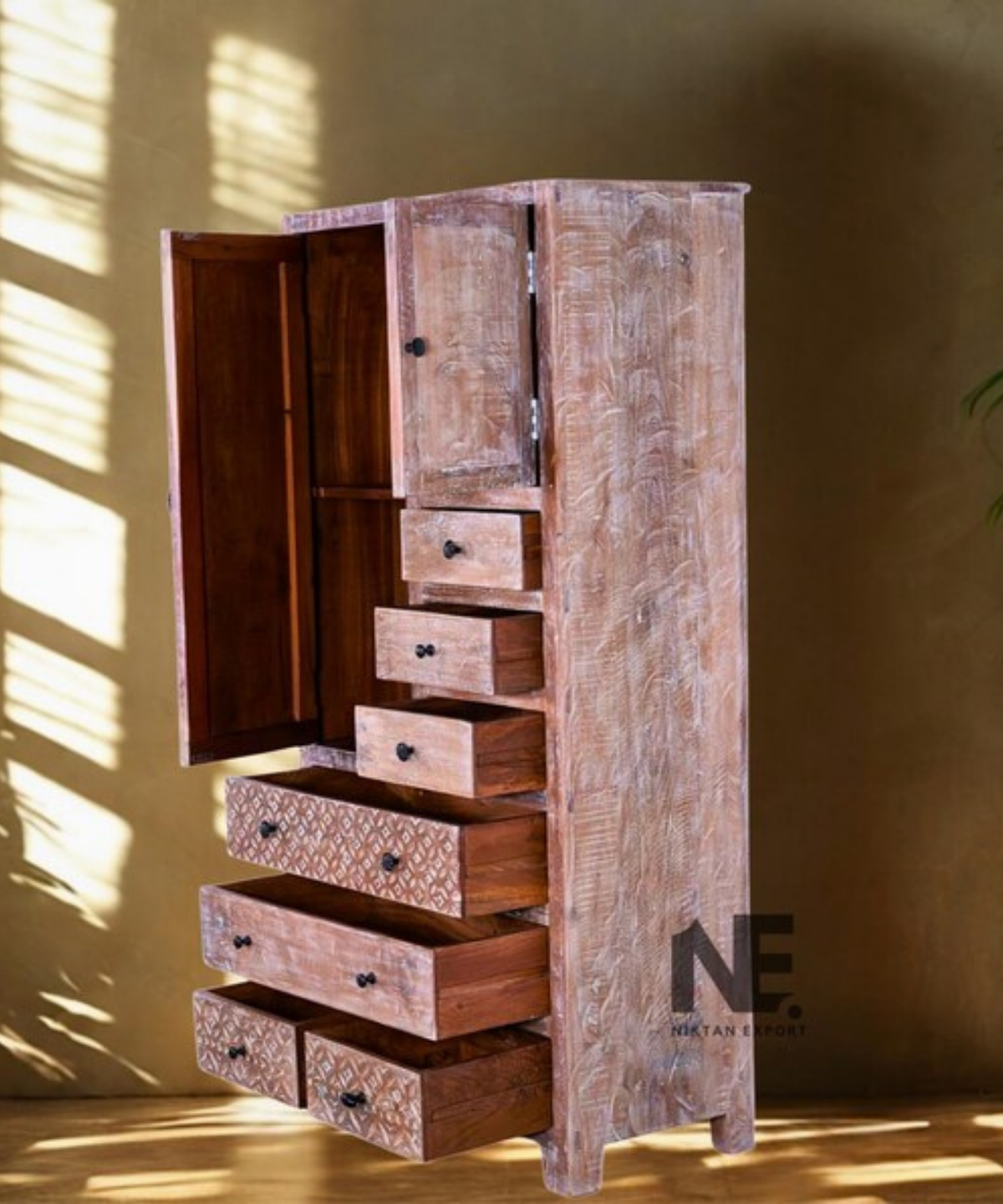 hand carved wooden high chest with cabinet doors