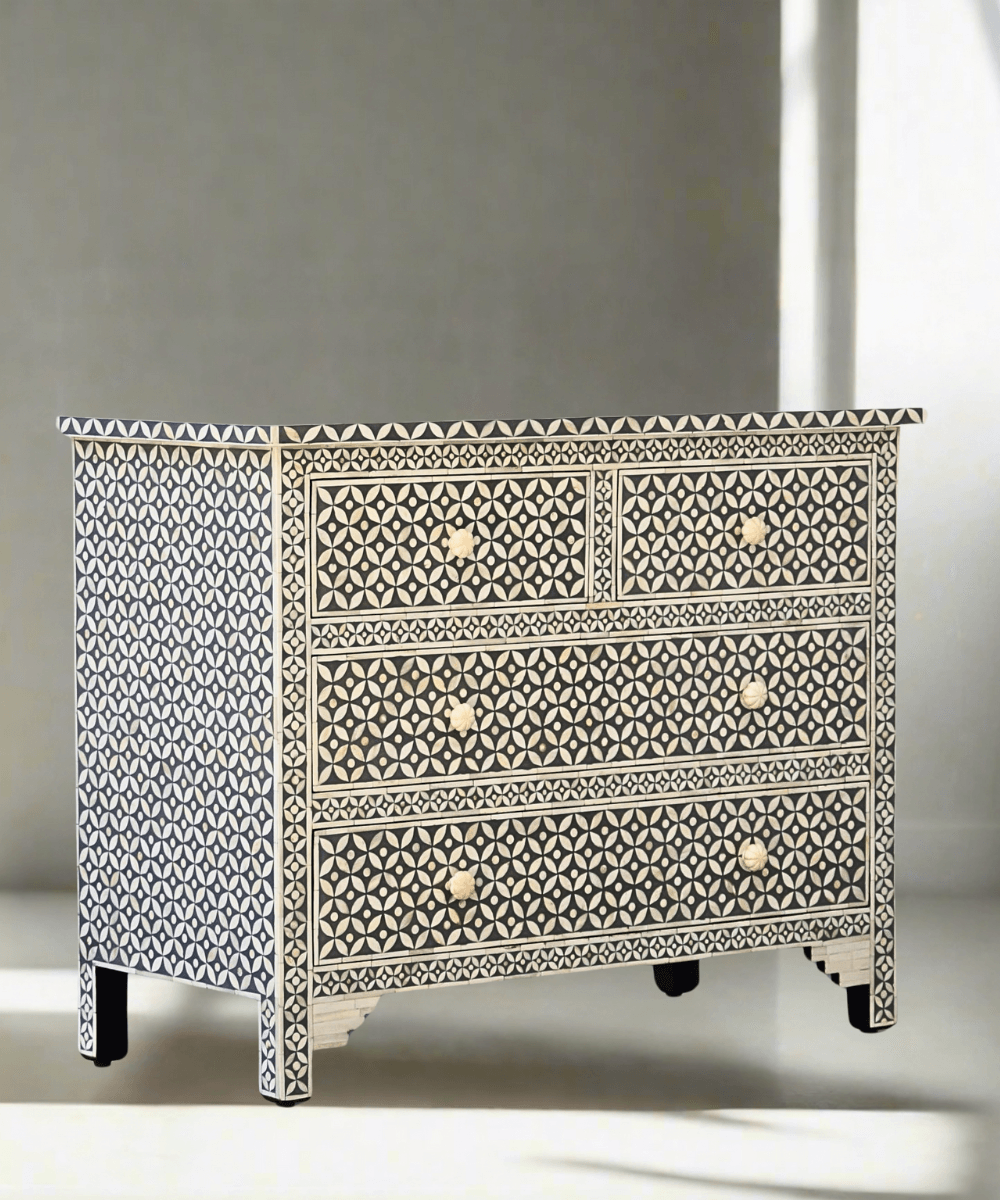 Niktan Export Bone Inlay 4-Drawer Chest of Drawers Grey Geometric Style - NikTan Export