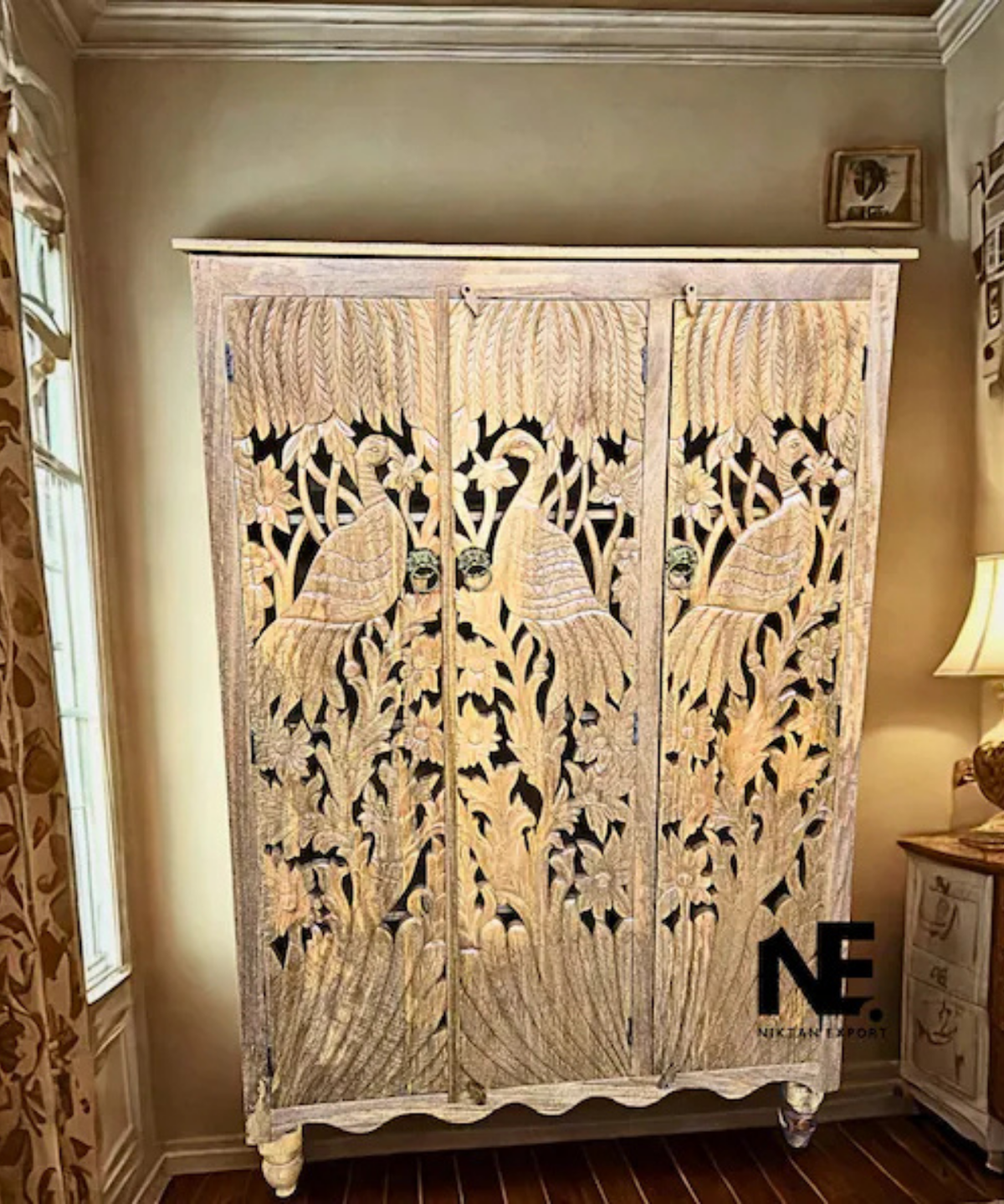 three door peacock carved wooden wardrobe