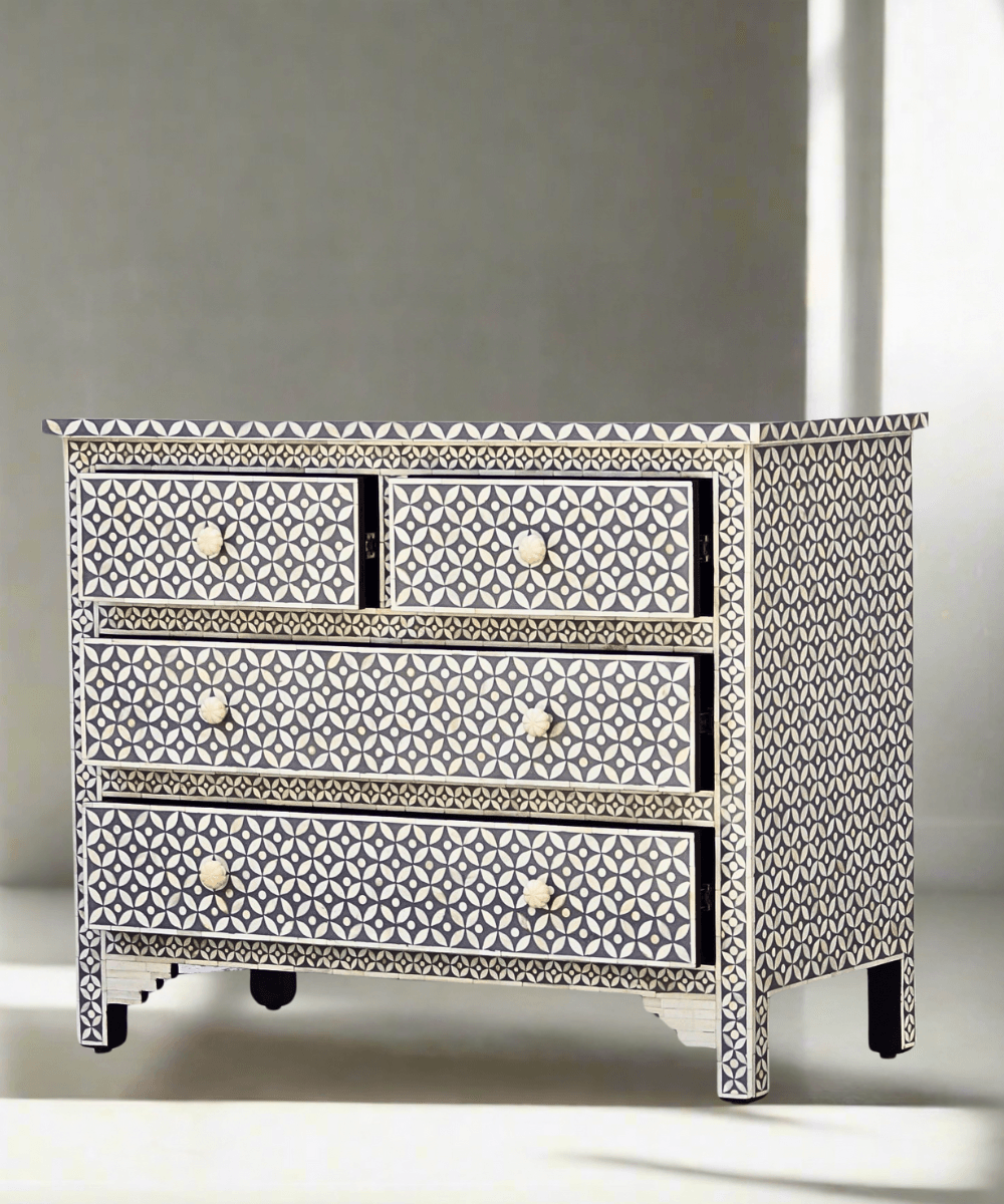 Niktan Export Bone Inlay 4-Drawer Chest of Drawers Grey Geometric Style - NikTan Export