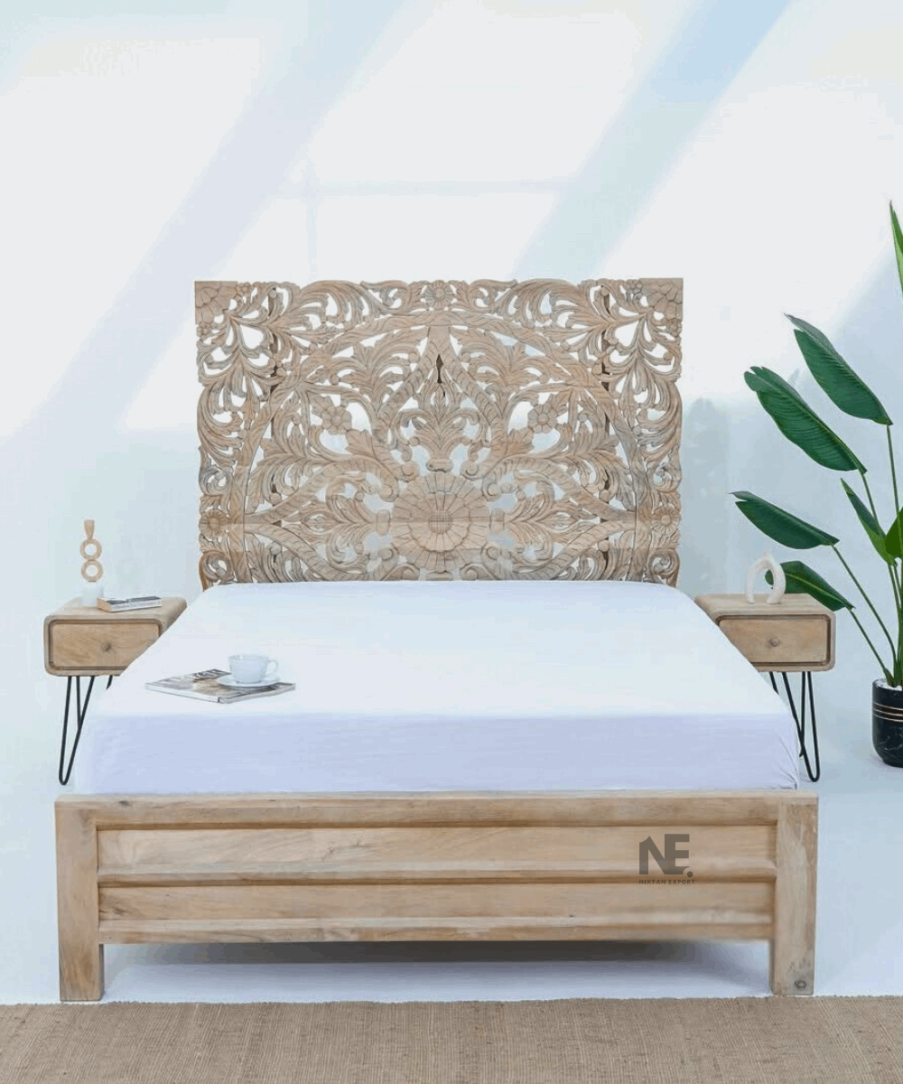 Front view of handcrafted wooden panel bed – twin size