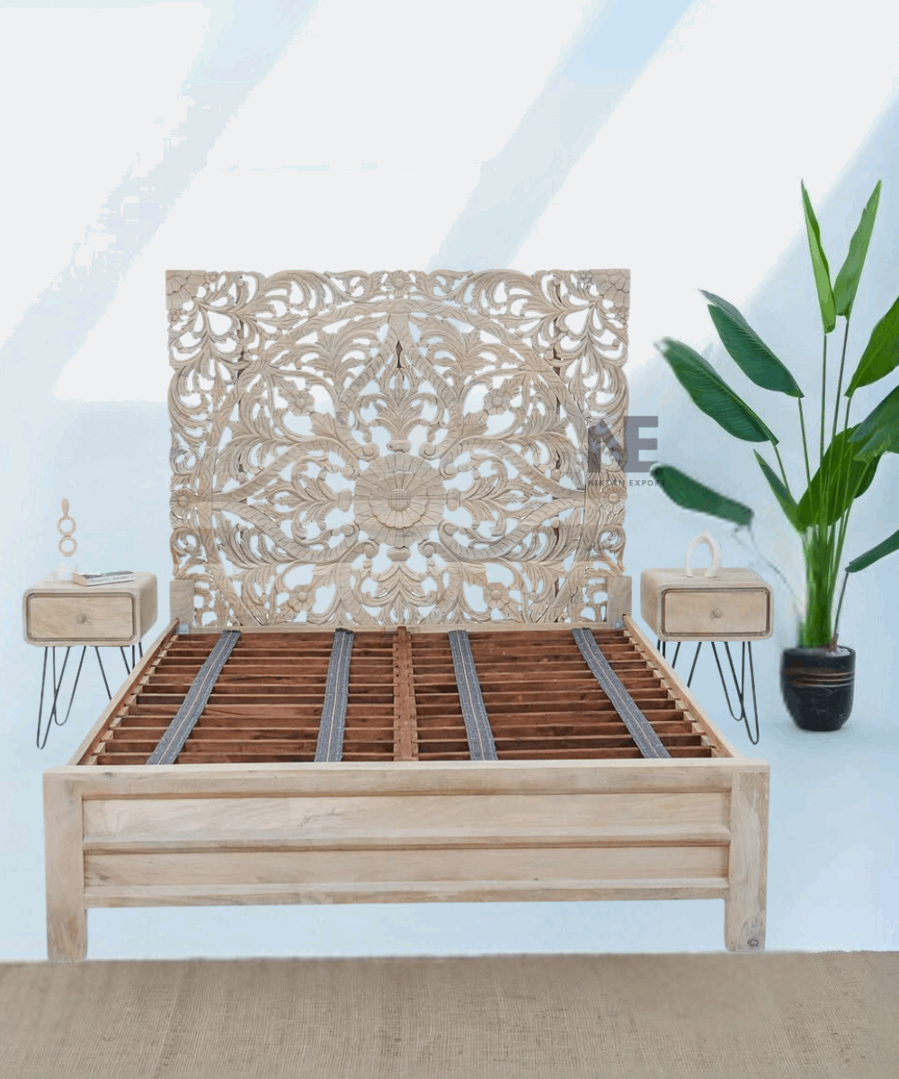 Close-up of carved headboard detail