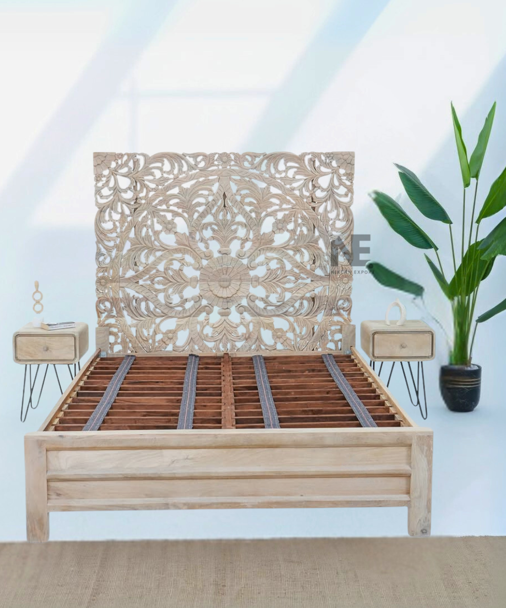 Close-up of carved headboard detail