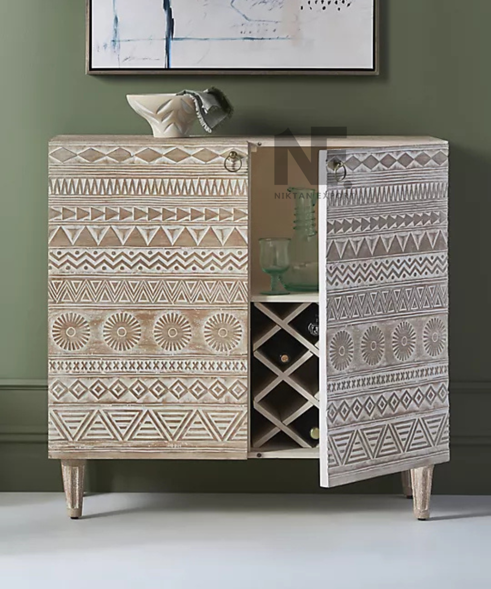 Front view of decorative wooden bar cabinet with two doors