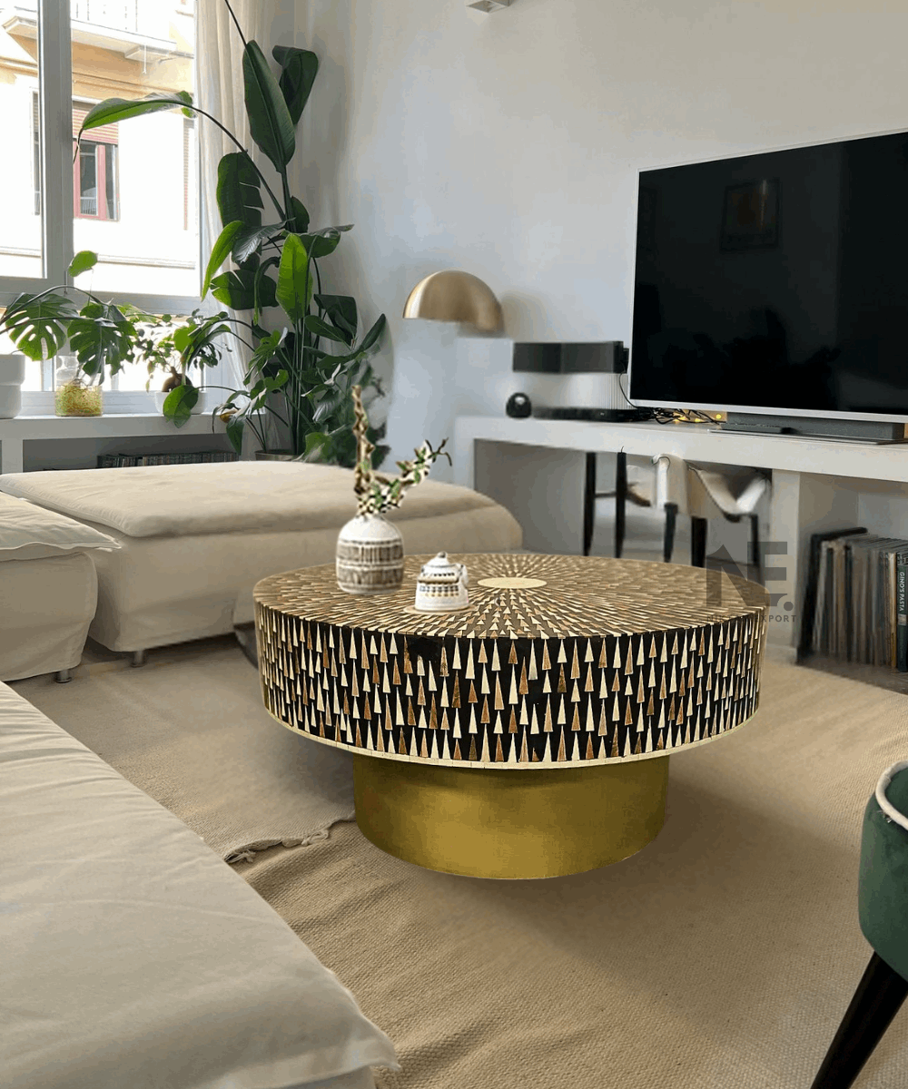 Front view of sun ray bone inlay round coffee table